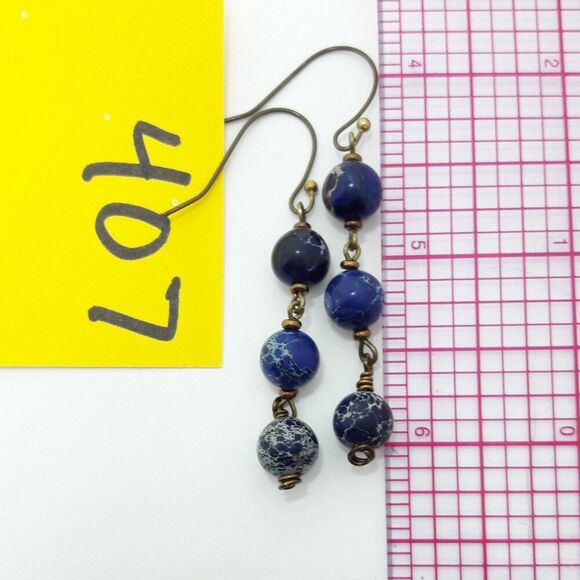 Artisan earrings 407# dangle earrings Navy Blue marble web beads Antique.Bronz - Picture 3 of 3
